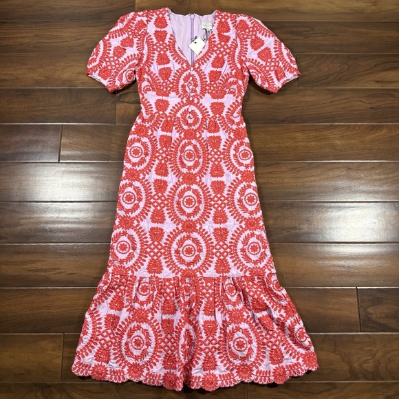 Adelyn Rae Women's Size XS Lilac & Red Embroidered Luisa Midi Dress Adelyn Rae Women's Size XS Lilac & Red Embroidered Luisa Midi Dress